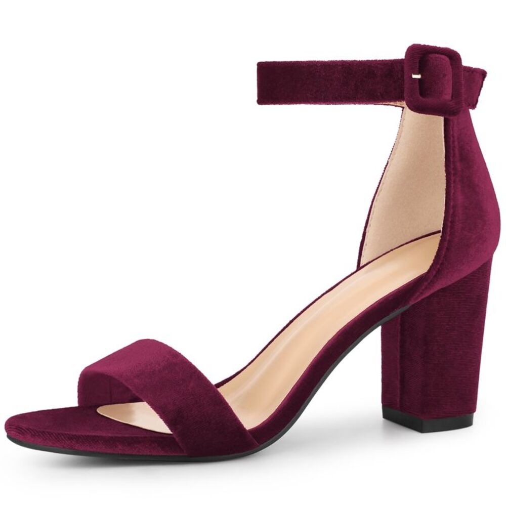 High Chunky Heel Buckle Ankle Strap Sandals for Women, Burgundy